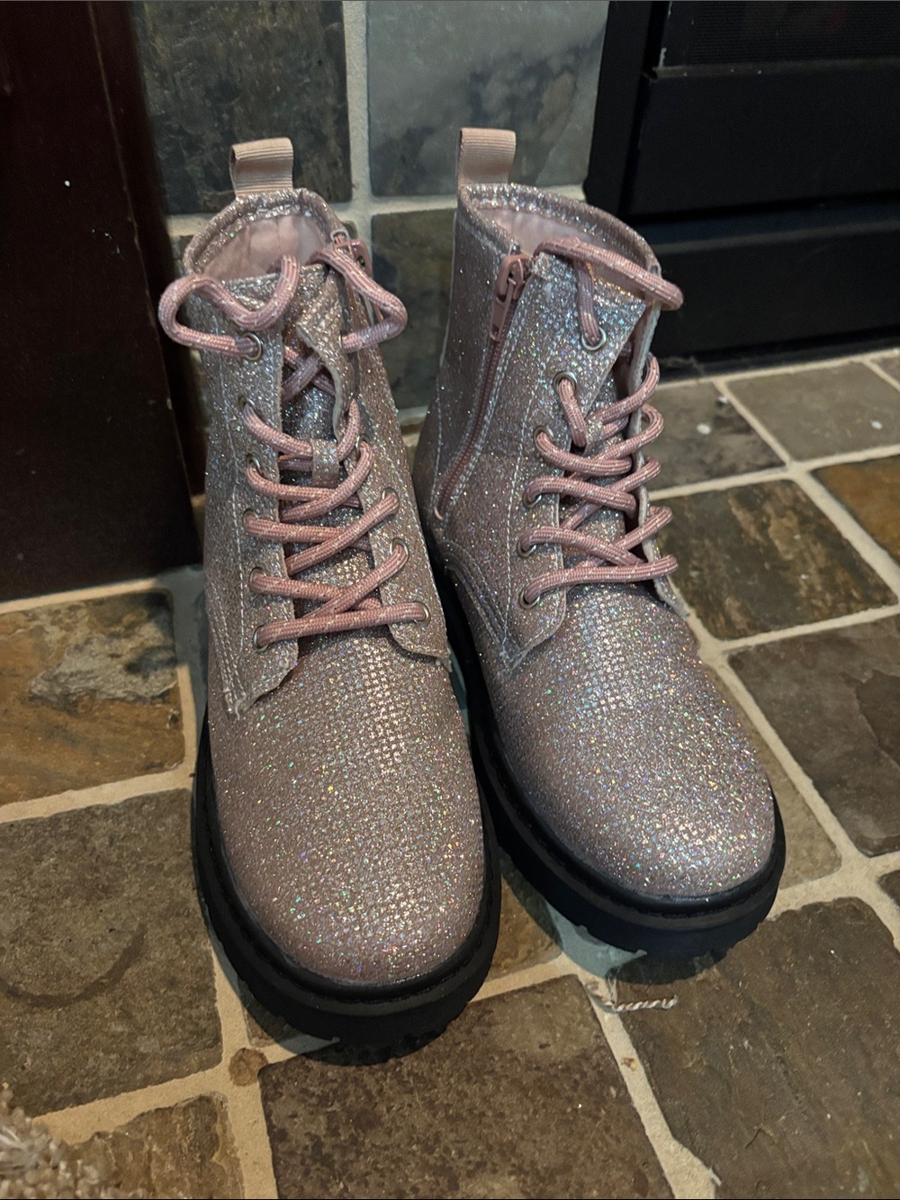 MIA Pink Glitter Lace-Up Kids Combat Boots